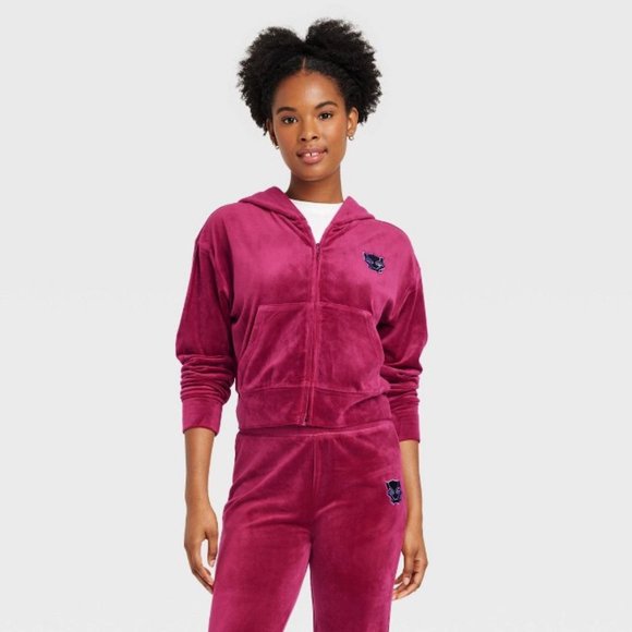 Marvel Wakanda Forever Velour Berry Red Graphic Zip Up Hoodie - Picture 2 of 4